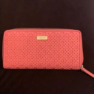 Kate Spade Pink Perforated Leather Newburry Lane Caning Zip Around Wallet
